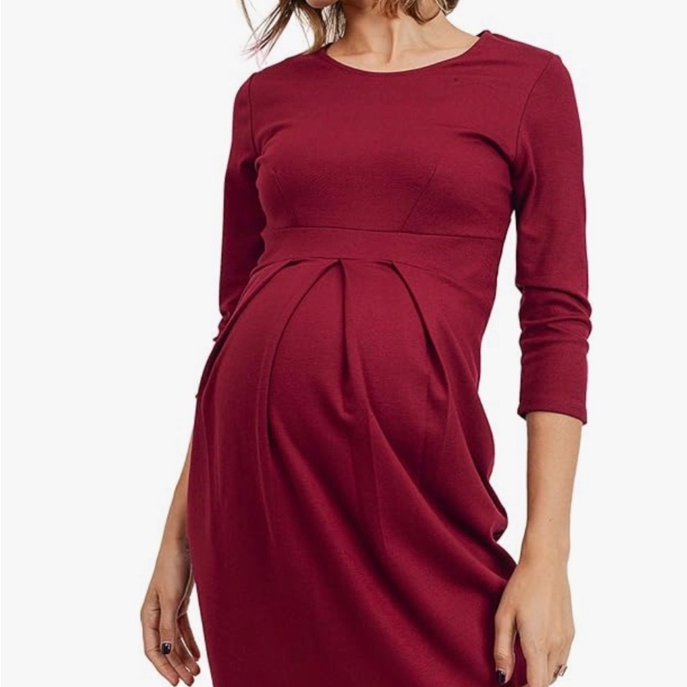 LaClef Burgundy 3/4 Sleeve Maternity Dress